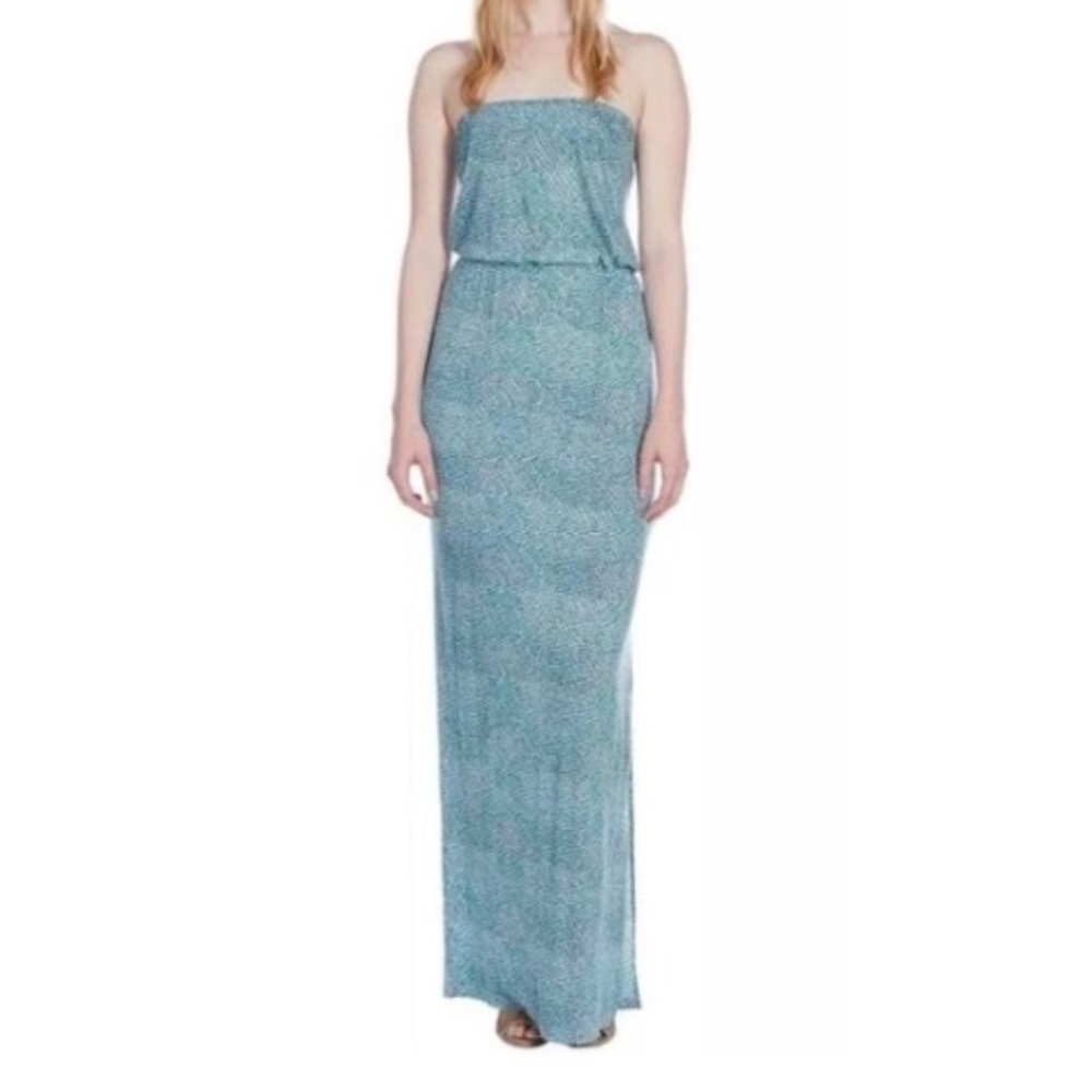 Joie Dalila Blue Green All Over Leaf Pattern Strapless Coastal Beach Maxi Dress‎